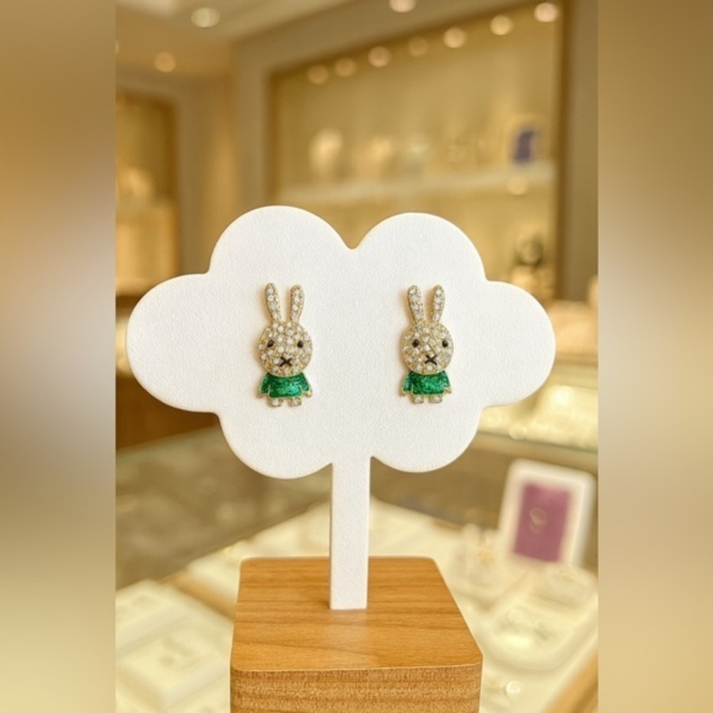 Miffy green enamel and cz stone earrings, post backing 🐰